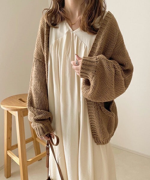 chocomee（チョコミー）の「ローゲージニットカーディガン（カーディガン/ボレロ・レディース・ホワイト/グレー/ブラウン・FREE）」の3枚目の写真