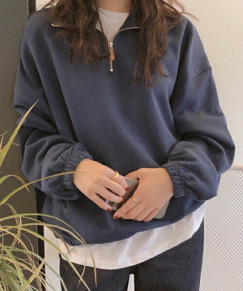 DHOLIC STYLE（ディーホリックスタイル）の「[naturalmind] ハーフジップゴムヘムスウェット（スウェット・レディース・ホワイト/ブルー/ブラック・FREE）」の3枚目の写真