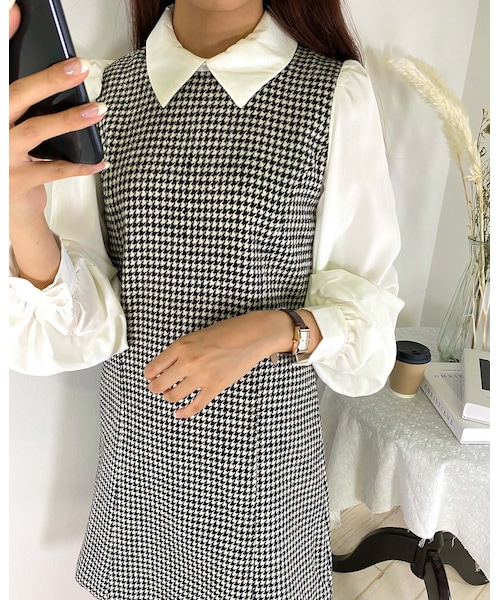 シェリエ sheller 千鳥柄襟付き切替ワンピース INGNI（イング）の「襟付千鳥格子柄袖異素材ワンピース（）」 - WEAR