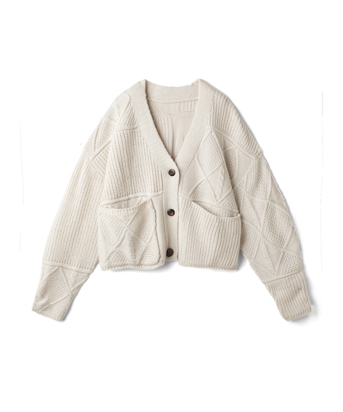 GRL(グレイル)の「パネルケーブル編みVネックショート丈ニットカーディガン(カーディガン/ボレロ・レディース・グリーン/アイボリー・F)」の2枚目の写真