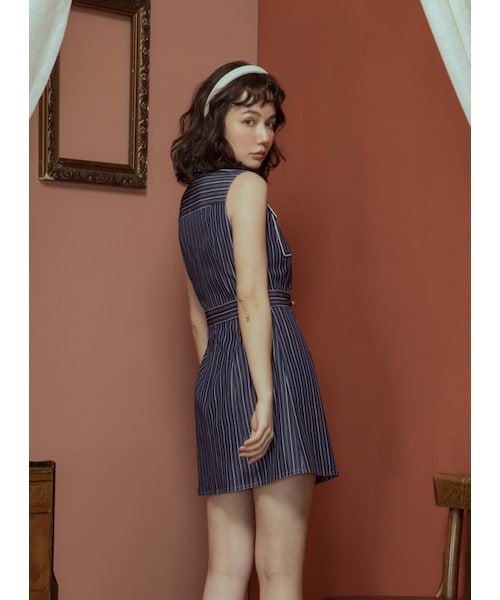 Marjorie（マージョリー）の「異鄉的遊子，造型鏤空釦飾條紋短洋裝（ワンピース/ドレス・レディース・藍）」の6枚目の写真
