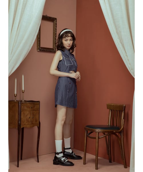 Marjorie（マージョリー）の「異鄉的遊子，造型鏤空釦飾條紋短洋裝（ワンピース/ドレス・レディース・藍）」の5枚目の写真