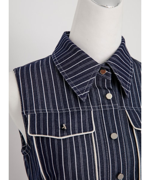 Marjorie（マージョリー）の「異鄉的遊子，造型鏤空釦飾條紋短洋裝（ワンピース/ドレス・レディース・藍）」の9枚目の写真