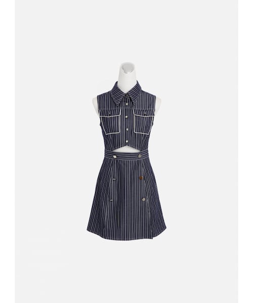 Marjorie（マージョリー）の「異鄉的遊子，造型鏤空釦飾條紋短洋裝（ワンピース/ドレス・レディース・藍）」の7枚目の写真