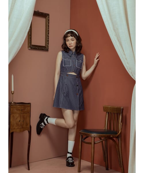 Marjorie（マージョリー）の「異鄉的遊子，造型鏤空釦飾條紋短洋裝（ワンピース/ドレス・レディース・藍）」の3枚目の写真
