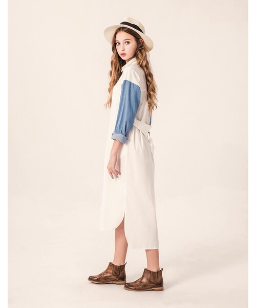 PAZZO（パッゾ）の「韓式率性!拼接牛仔超長版襯衫洋裝(附綁帶)（ワンピース/ドレス・レディース・白・S/M）」の6枚目の写真