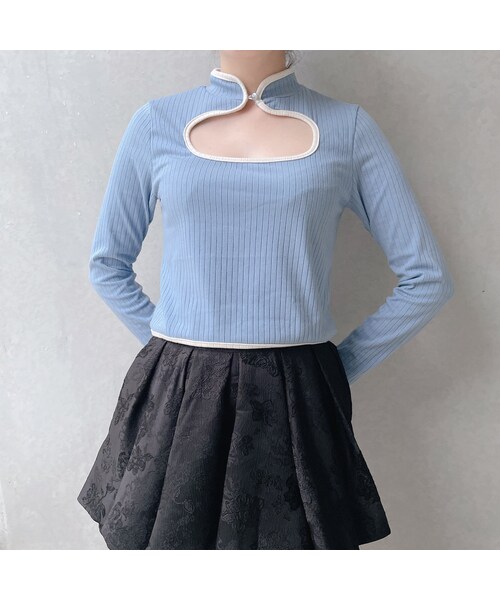 lilLilly（リルリリー）の「チャイナリブトップス（トップス・レディース・WHITE/BLUE/BLACK）」の5枚目の写真