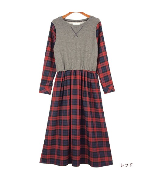 w closet(ダブルクローゼット)の「チェック柄切替ロングワンピース(ワンピース/ドレス・レディース・オフホワイト×ブラック/レッド/グリーン・FREE)」の3枚目の写真