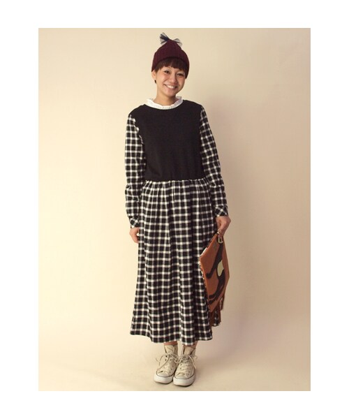 w closet(ダブルクローゼット)の「チェック柄切替ロングワンピース(ワンピース/ドレス・レディース・オフホワイト×ブラック/レッド/グリーン・FREE)」の11枚目の写真