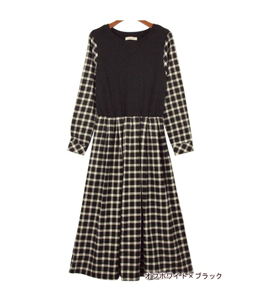 w closet(ダブルクローゼット)の「チェック柄切替ロングワンピース(ワンピース/ドレス・レディース・オフホワイト×ブラック/レッド/グリーン・FREE)」の2枚目の写真