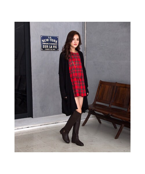 gracegift（グレースギフト）の「後V口實搭素面過膝靴（シューズ・レディース・深咖/黑・35/36/37/38/39/40/41）」の5枚目の写真