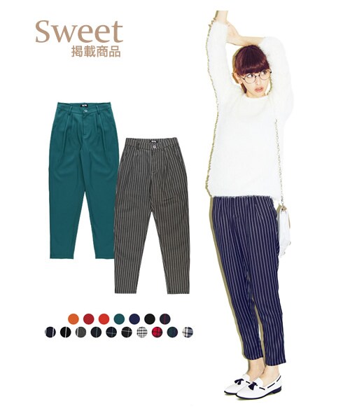 Re:EDIT(リエディ)の「鈴木えみ着用 Sweet掲載 ベーシックテーパードタックパンツ(パンツ・レディース・ブラック/キャメル/バーガンディ/オレンジレッド/ブルーグリーン/ネイビー/チェックレッド/チェックグリーン/チェックネイビー/ストライプブラック/ストライプグレー/ストライプネイビー/ストライプレッド/ストライプグリーン/グレンチェック/格子ブラック/格子ネイビー・S/M/L)」の1枚目の写真