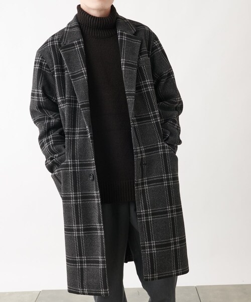 テックウール オーバーサイズ チェック柄 シングルチェスターコート