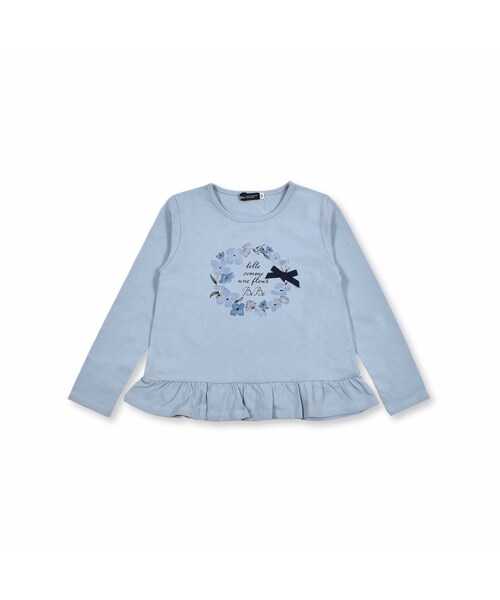 BeBe(ベベ)の「水彩 フラワー プリント リボン 裾 フリル 長袖 Tシャツ(Tシャツ/カットソー・キッズ・ホワイト/ブルー・110)」の2枚目の写真