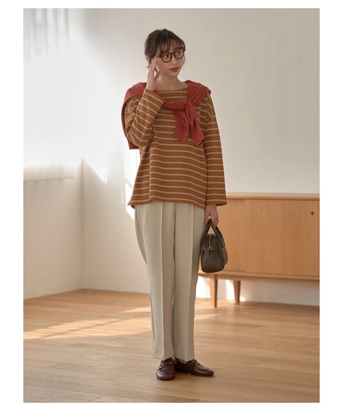 earth music&ecology（アースミュージックアンドエコロジー）の「ECORICHダブルボーダープルオーバー（トップス・オフホワイト/ブラック/ピンク/キャメル/グリーン・F）」の9枚目の写真