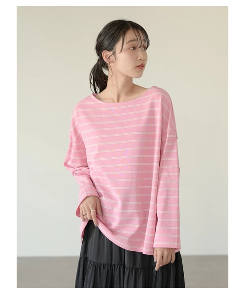 earth music&ecology（アースミュージックアンドエコロジー）の「ECORICHダブルボーダープルオーバー（トップス・オフホワイト/ブラック/ピンク/キャメル/グリーン・F）」の19枚目の写真