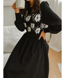 EVERY NANA | フラワー刺繡ニットワンピース(ドレス)