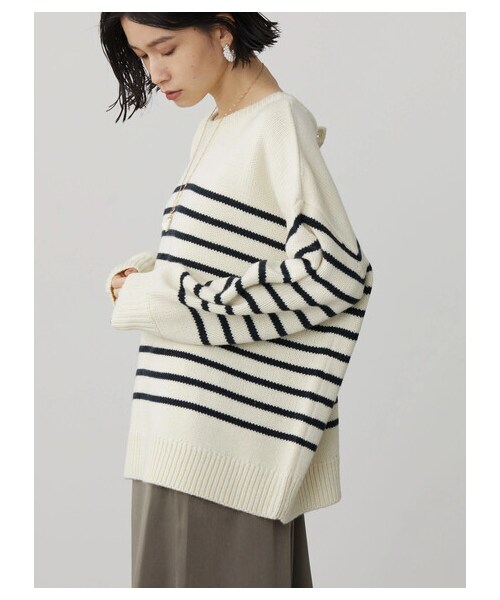AMERICAN HOLIC（アメリカンホリック）の「2WAYボーダーニットカーディガン（トップス・ボーダーアイボリー/ボーダーネイビー/ボーダーブラック・F）」の12枚目の写真