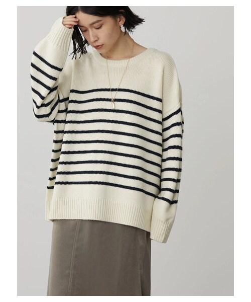 AMERICAN HOLIC（アメリカンホリック）の「2WAYボーダーニットカーディガン（トップス・ボーダーアイボリー/ボーダーネイビー/ボーダーブラック・F）」の13枚目の写真