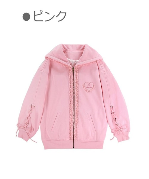 Bobon21（ボボンニジュウイチ）の「袖レースアップフード付きアウターパーカー-全２色-（パーカー・レディース・グレー/ピンク・S/M/L）」の2枚目の写真