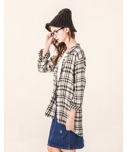 PAZZO（パッゾ）の「韓系休閒慵懶格紋襯衫（トップス・レディース・黑白格・S/M/L）」の6枚目の写真