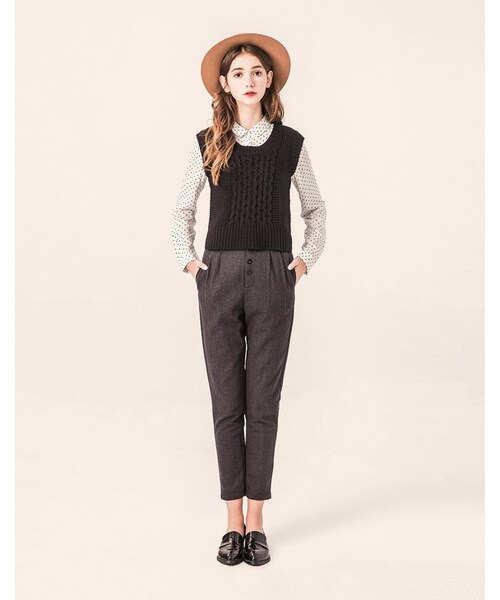 PAZZO（パッゾ）の「知性學院排釦打摺毛呢老爺褲（パンツ・レディース・黑灰・S/M/L）」の9枚目の写真