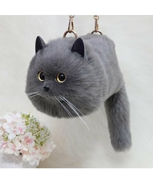 Baginning | カスタマイズ グレー 猫模様 可愛いハンドバッグ 斜めかけ ふわふわファーバッグ(ショルダーバッグ)