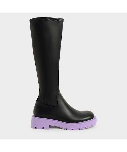 CHARLES & KEITH ニーハイブーツ 37 ブラック バックル プラットフォームロングブーツ - ブラック | CHARLES