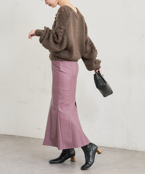 natural couture(ナチュラルクチュール)の「【WEB限定】合皮&ビッグチェックハイウエストマーメイドスカート Mサイズ(スカート・レディース・ベージュ系その他/ブラウン系その他/パープル/モカ・M)」の4枚目の写真