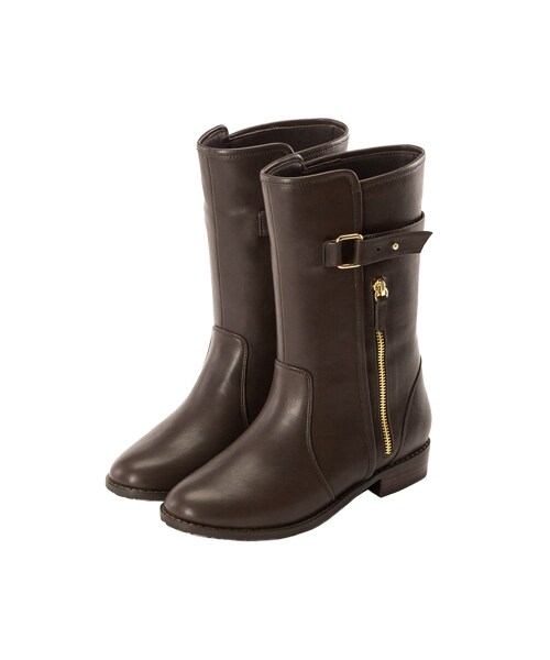 gracegift(グレースギフト)の「金屬裝飾拉鍊釦帶設計中筒靴(シューズ・レディース・咖・35/36/37/38/39/40/41)」の1枚目の写真