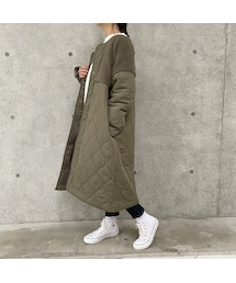 copine | ボア×キルティング切り替えロングコート(カーキ)(ノーカラージャケット)