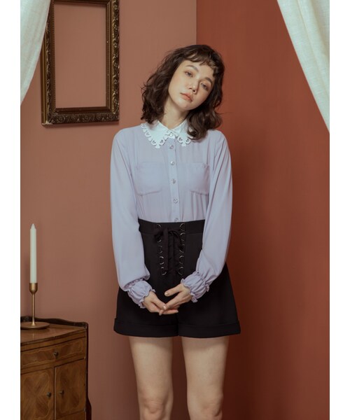 Marjorie（マージョリー）の「香甜的幻想，獨家愛心刺繡花邊領襯衫（トップス・レディース・薄荷綠/紫・S/M）」の6枚目の写真