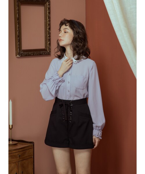 Marjorie（マージョリー）の「香甜的幻想，獨家愛心刺繡花邊領襯衫（トップス・レディース・薄荷綠/紫・S/M）」の2枚目の写真