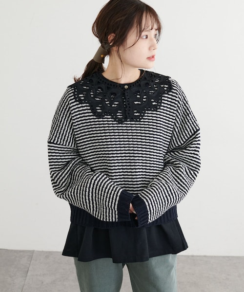 PUAL CE CIN(ピュアルセシン)の「ジャガード2WAYニット(カーディガン/ボレロ・レディース・ネイビー/ブラック・FREE)」の2枚目の写真