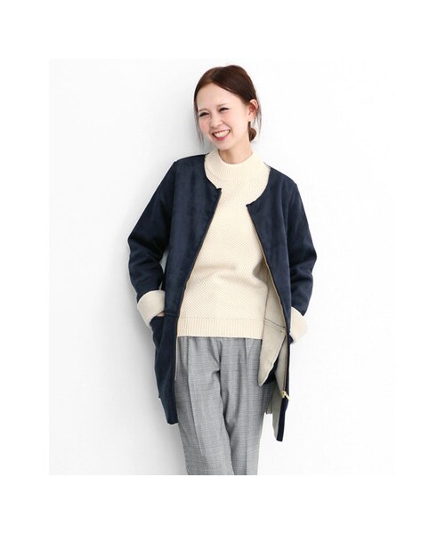 KBF（ケイビーエフ）の「KBF+　ノーカラーフェイクムートン（ジャケット/アウター・レディース・NVY/CAM・one）」の3枚目の写真