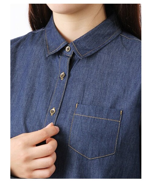earth music&ecology（アースミュージックアンドエコロジー）の「【宮崎あおい着用】イージーケアデニムシャツ（シャツ・ブラウス・レディース・インディゴ・S/M）」の4枚目の写真