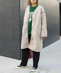 Sheson | ノーカラーパイピングボアコート(ノーカラーコート)