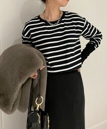 DouDou | ボーダー袖リブTEE(Tシャツ/カットソー)