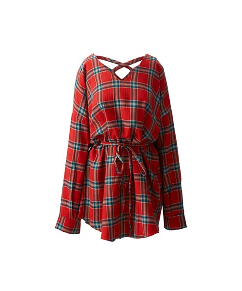 gracegift(グレースギフト)の「法式浪漫 韓國格紋後交叉綁腰短洋裝(ワンピース/ドレス・レディース・紅/白・F)」の1枚目の写真