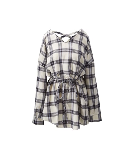 gracegift(グレースギフト)の「法式浪漫 韓國格紋後交叉綁腰短洋裝(ワンピース/ドレス・レディース・紅/白・F)」の2枚目の写真