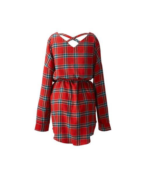 gracegift(グレースギフト)の「法式浪漫 韓國格紋後交叉綁腰短洋裝(ワンピース/ドレス・レディース・紅/白・F)」の5枚目の写真