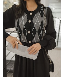 EVERY NANA | アーガイル柄パフスリーブワンピース(ドレス)