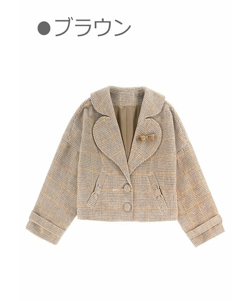 Bobon21(ボボンニジュウイチ)の「英国風チェック柄ショート丈ジャケット(ノーカラージャケット・レディース・ブラウン/グレー・S/M/L)」の1枚目の写真