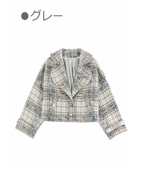 Bobon21(ボボンニジュウイチ)の「英国風チェック柄ショート丈ジャケット(ノーカラージャケット・レディース・ブラウン/グレー・S/M/L)」の2枚目の写真