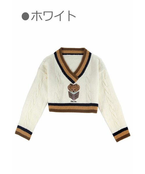 Bobon21（ボボンニジュウイチ）の「Study Bearショート丈Vネックセーター（ニット/セーター・レディース・ホワイト・S/M/L）」の1枚目の写真