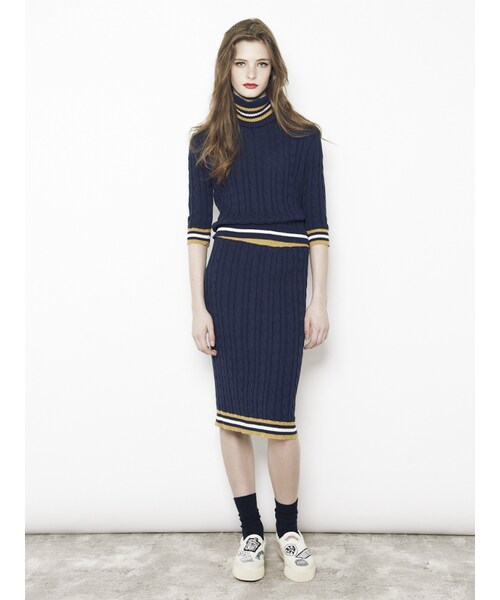 jouetie（ジュエティ）の「ケーブルラインニットセットアップ（トップス・レディース・オフホワイト/ブラック/ボルドー/ネイビー・M）」の5枚目の写真