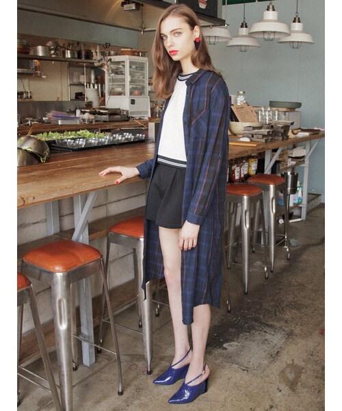 MURUA（ムルーア）の「【CASUAL】ナローラインチェックロングSH（トップス・レディース・グリーン/パープル・F）」の4枚目の写真