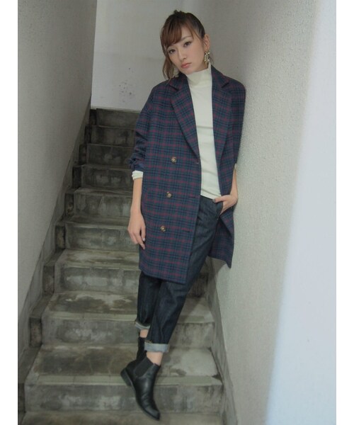 Ungrid（アングリッド）の「【Casual】チェックチェスターコート（ジャケット/アウター・レディース・ネイビー/ブラウン・S/M）」の3枚目の写真