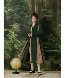 Marjorie | 遠山，雙排釦格紋拼接風衣外套