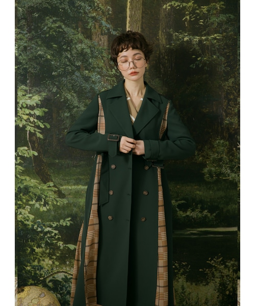 Marjorie（マージョリー）の「遠山，雙排釦格紋拼接風衣外套（ジャケット/アウター・レディース・綠・S/M/L）」の2枚目の写真